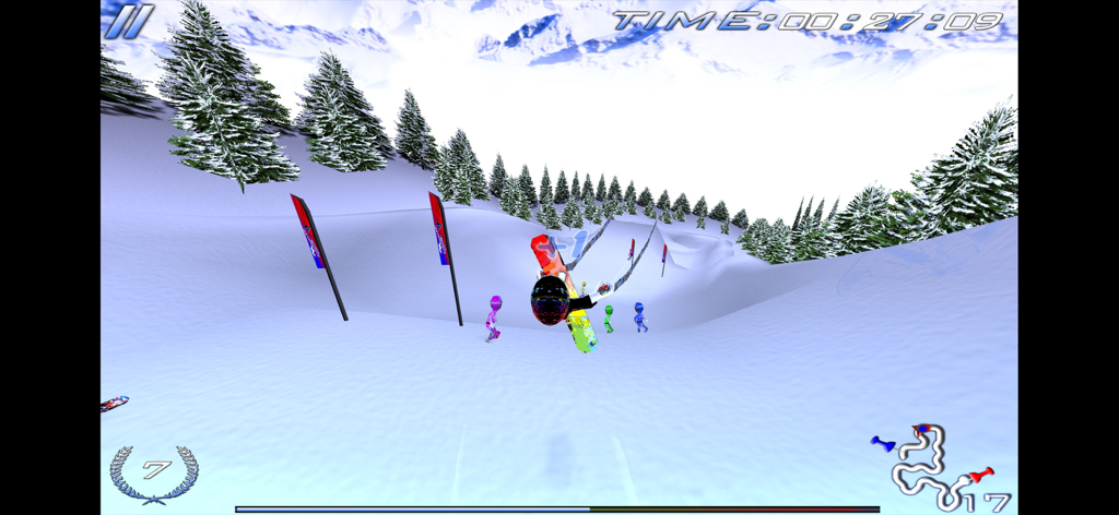 Snowboard Racing Ultimate - Un snowboarder saltando en el aire en una pista nevada en Snowboard Racing Ultimate