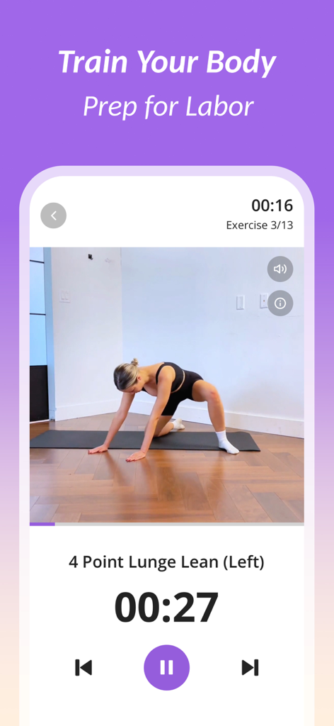 FitMama: Pregnancy Workout - Una mujer realizando un ejercicio de zancada con inclinación hacia adelante en la interfaz de la app FitMama para la preparación al parto