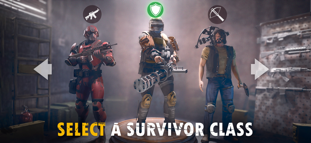 Live or Die 1: Zombie Survival - Un écran de menu dans Live or Die 1 Zombie Survival montrant trois classes de personnages survivants différentes à choisir.