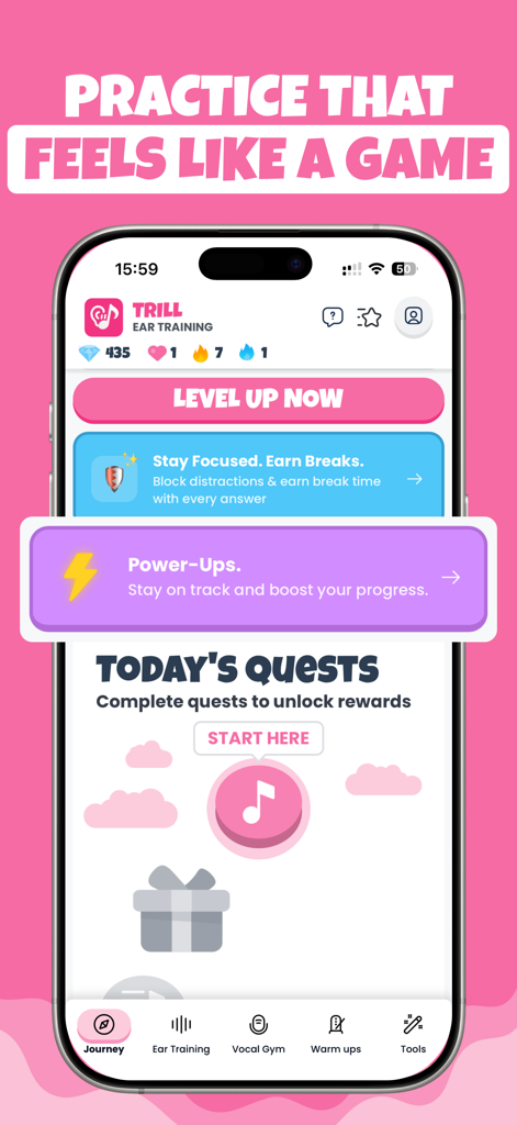 Trill app home screen featuring gamified music practice quests and ear training tools