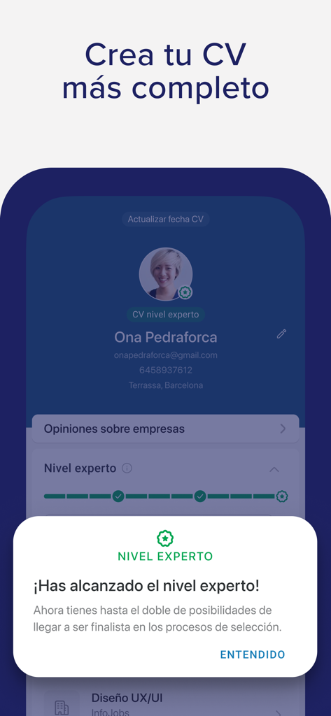 InfoJobs - Trabajo y Empleo - Um screenshot da aplicação InfoJobs mostrando um perfil de utilizador que atingiu o nível de especialista para aumentar o sucesso da candidatura a emprego.