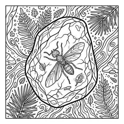 Dive into prehistoric times with this captivating fossilized amber coloring page designed specifically for teens. Bring to life the intricate details of a perfectly preserved ancient insect within hardened tree resin.