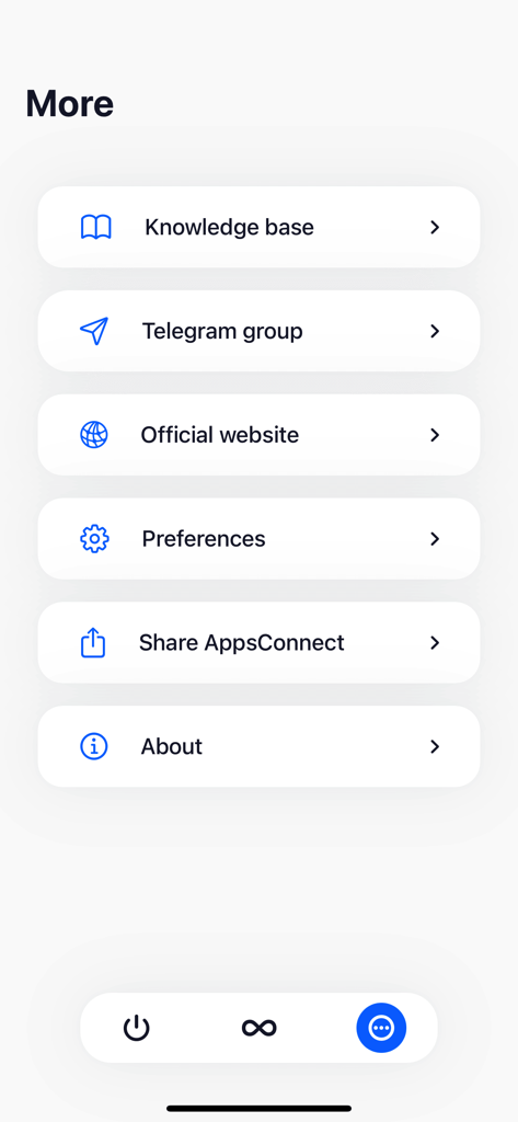 Apps Connect - Capture d'écran du menu Plus dans l'application Apps Connect montrant les options pour la base de connaissances, le groupe Telegram, le site Web officiel et les préférences.