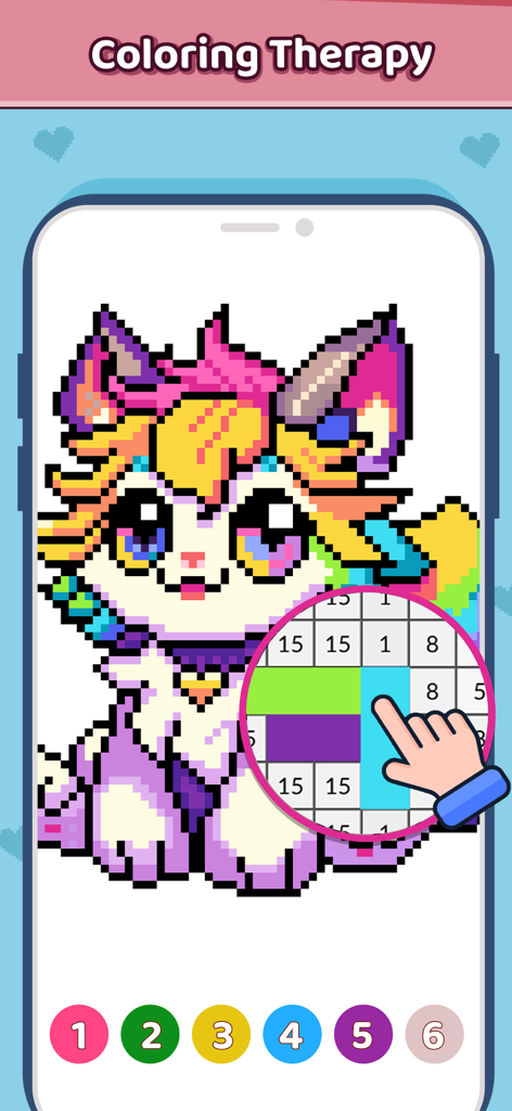 Pixel Breeze - Color By Number - A cute pixel art cat character being colored using a numbered grid on a smartphone screen