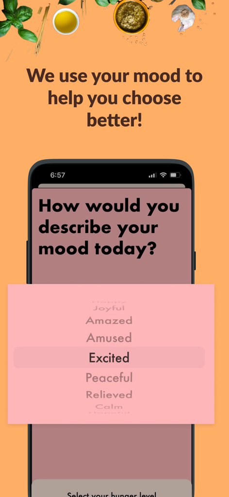 CocoTree: AI food suggestions - Interfaz de la app CocoTree mostrando la selección de estado de ánimo para sugerencias de comida por IA