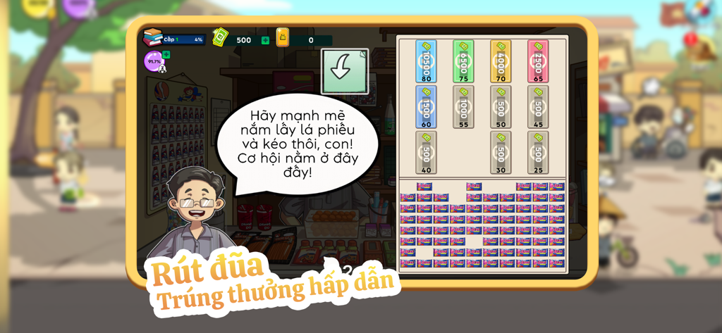 Trở Về Tuổi Thơ - Uma cena de desenho animado mostrando um jogo de sorteio de prémios da infância vietnamita tradicional