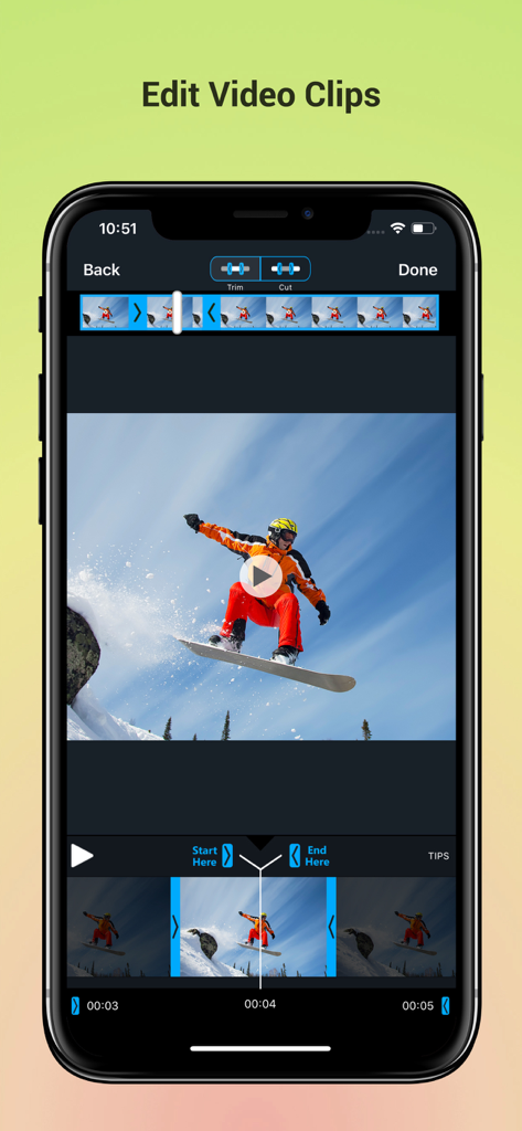 Écran de smartphone montrant l'interface d'une application de montage vidéo avec des outils de découpage et de coupe sur un clip de snowboard