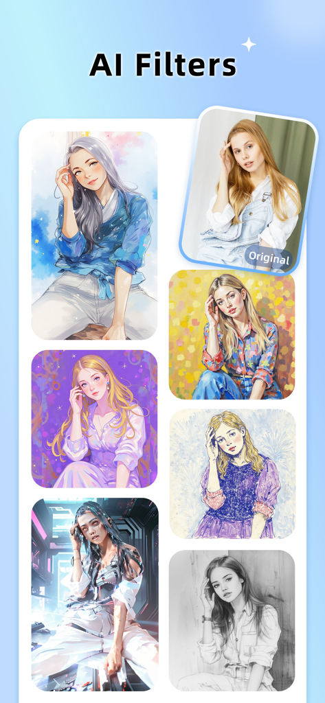 AI Photo Editor - Picsman - Ejemplos de varios filtros artísticos IA como acuarela anime y boceto aplicados a un retrato