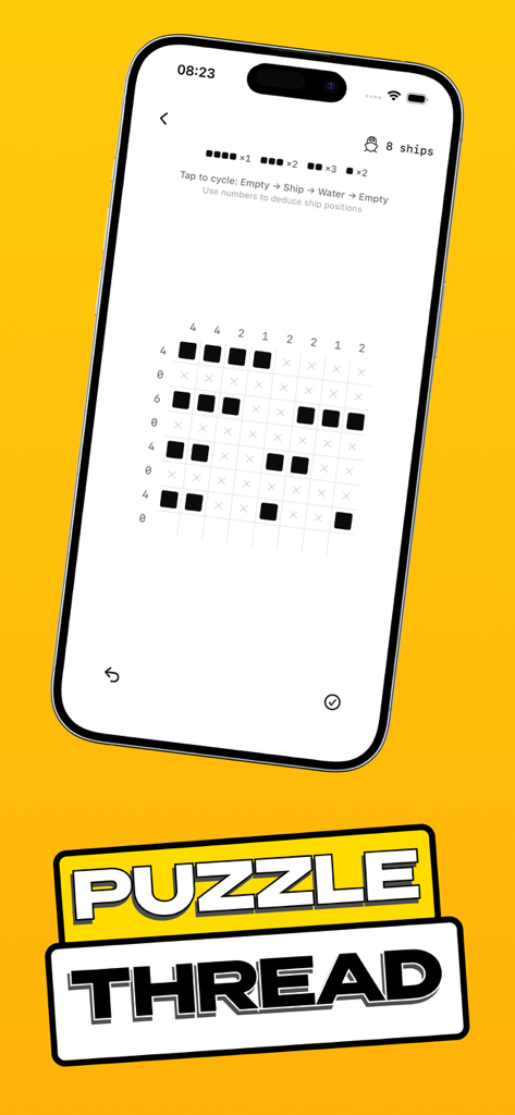 Jugabilidad de Ocean Grid Deduction Silent en un iPhone que muestra una cuadrícula minimalista de acertijos de lógica naval.