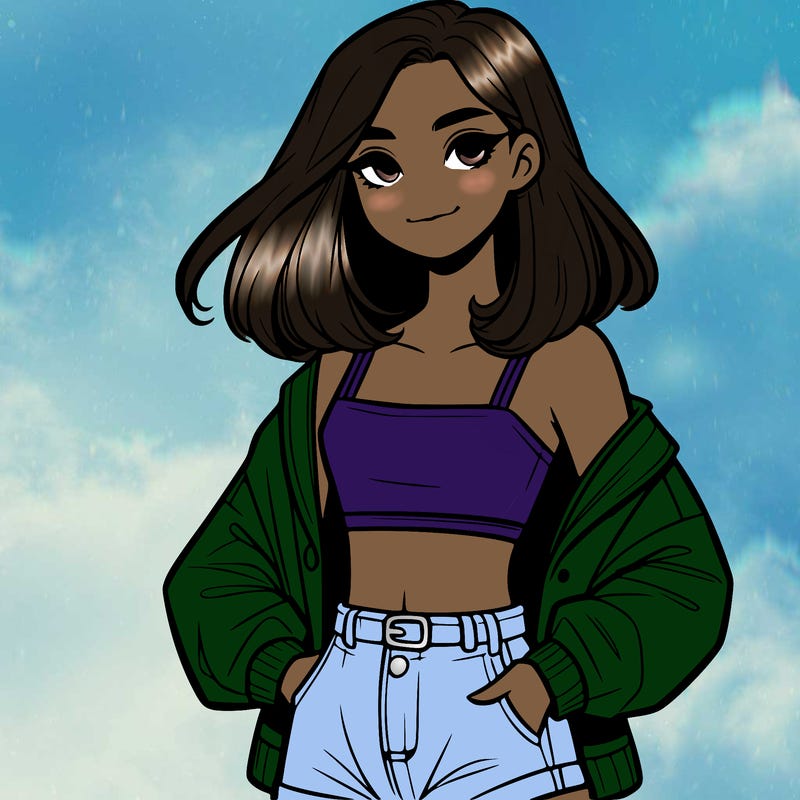 a realistic girl with a crop top and short shorts in an open jacket