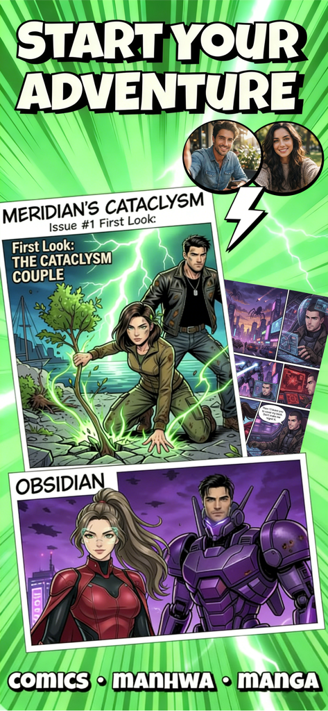 Interfaz de la aplicación ARTAI mostrando fotos transformadas en personajes de cómic con consistencia facial.