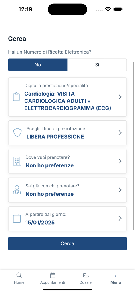 Interfaccia dell'app Sacro Cuore che mostra filtri di ricerca per la prenotazione di un appuntamento di cardiologia ed ECG