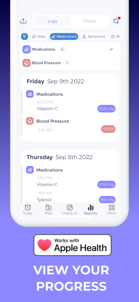 Pill Reminder & Tracker App - Pill Reminder and Tracker app showing daily medication logs and blood pressure readings.
