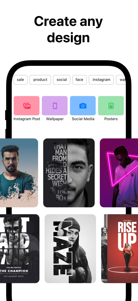 Creatic: Graphic Design Editor - Creatic mobile app interface showing design templates for Instagram posts social media and posters.