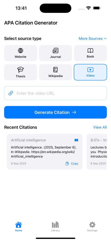 Scrib - APA Citation Generator - Pantalla de inicio de la aplicación Scrib mostrando opciones de selección de fuentes de citas APA como sitio web, revista, libro y video.