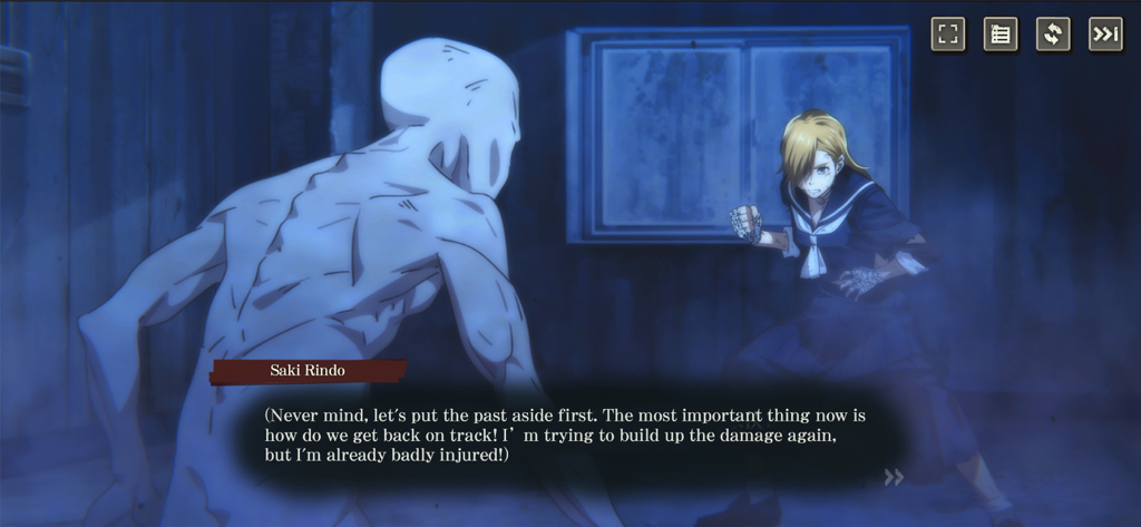 A cinematic story dialogue scene featuring Saki Rindo facing a Cursed Spirit in Jujutsu Kaisen Phantom Parade.