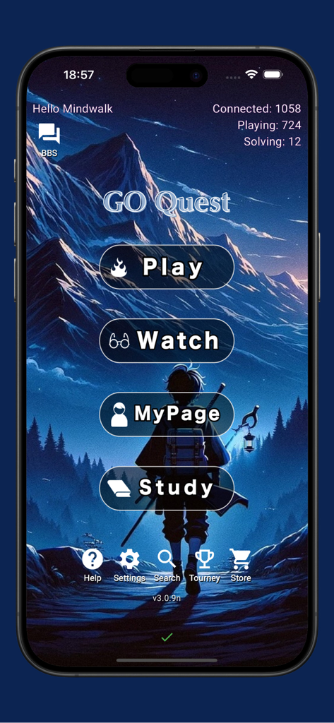 GoQuest - Main menu of the GoQuest mobile app featuring an artistic mountain landscape background.