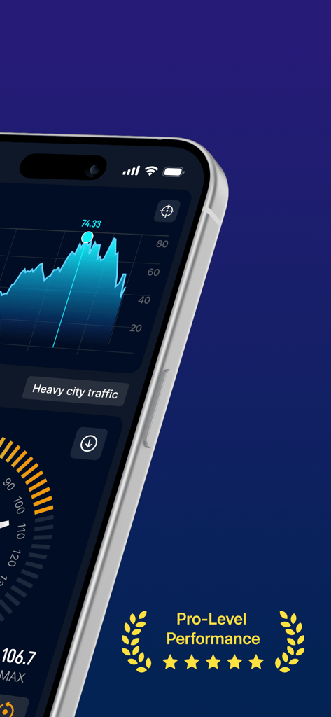 iPhone showing the Decibel sound meter app with real-time noise level graph and pro-level performance badge.