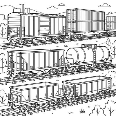 All aboard for coloring fun! This engaging page features a variety of freight cars, perfect for kids who love trains and transportation. Discover different types of railway wagons as you bring them to life with color.
