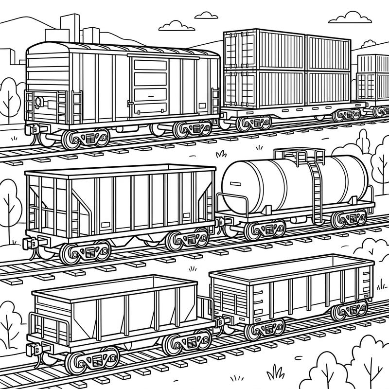 All aboard for coloring fun! This engaging page features a variety of freight cars, perfect for kids who love trains and transportation. Discover different types of railway wagons as you bring them to life with color.