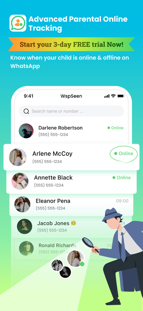 WspSeen-Last Seen Tracking App - WspSeen app interface displaying real-time WhatsApp online and offline status tracking for parental monitoring