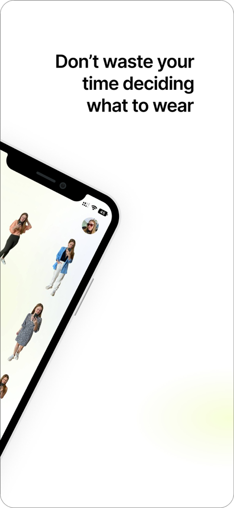 Sparkly app interface displaying multiple outfit suggestions and a slogan about saving time choosing clothes