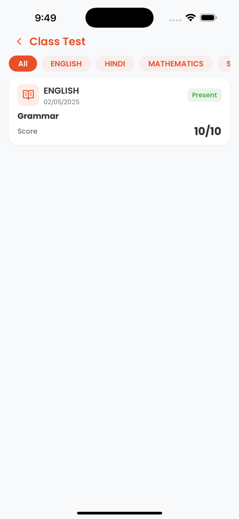 Okie Dokie Students Portal app displaying English grammar class test results and scores