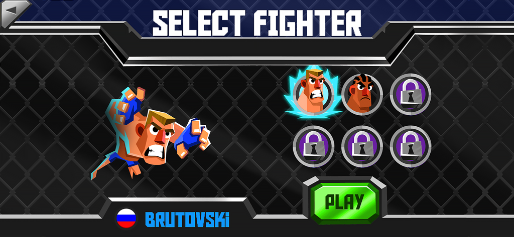 Select fighter screen in UFB 2 showing character Brutovski and a play button