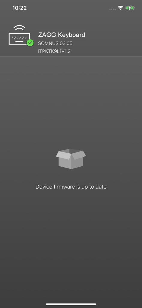 Pantalla de la aplicación Teclado ZAGG que muestra que el firmware del dispositivo está actualizado.
