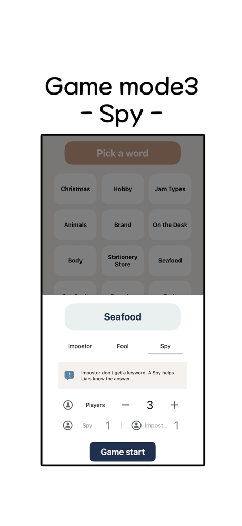 Impostor - (Who is Impostor?) - Tela de configurações do modo Espião no aplicativo móvel Impostor mostrando categorias de palavras e contagens de jogadores.