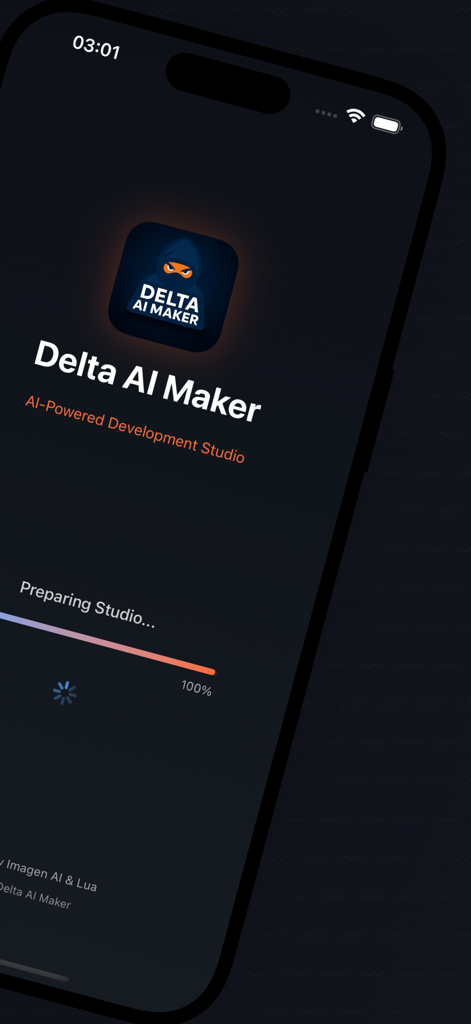 Delta AI: Script Executor Blox - Splash screen for Delta AI Maker app on an iPhone with a loading progress bar at 100 percent.
