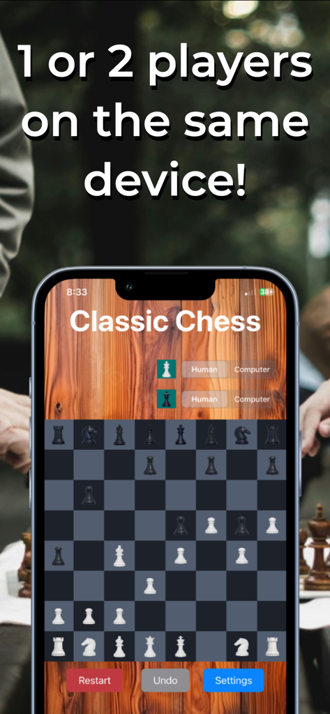 Classic Chess board game interface with local two player mode option on a mobile phone.
