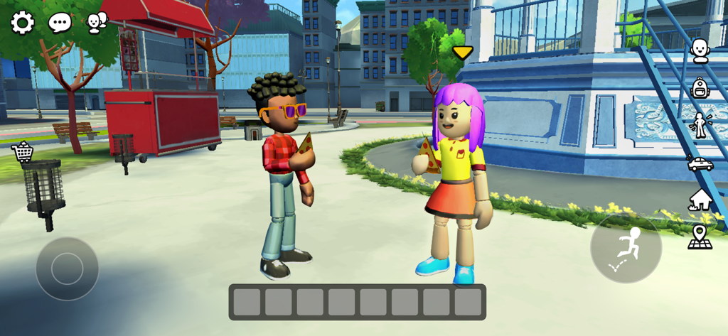 XDRP - 활기찬 도시 광장에서 피자 조각을 들고 있는 두 명의 사용자 정의 아바타