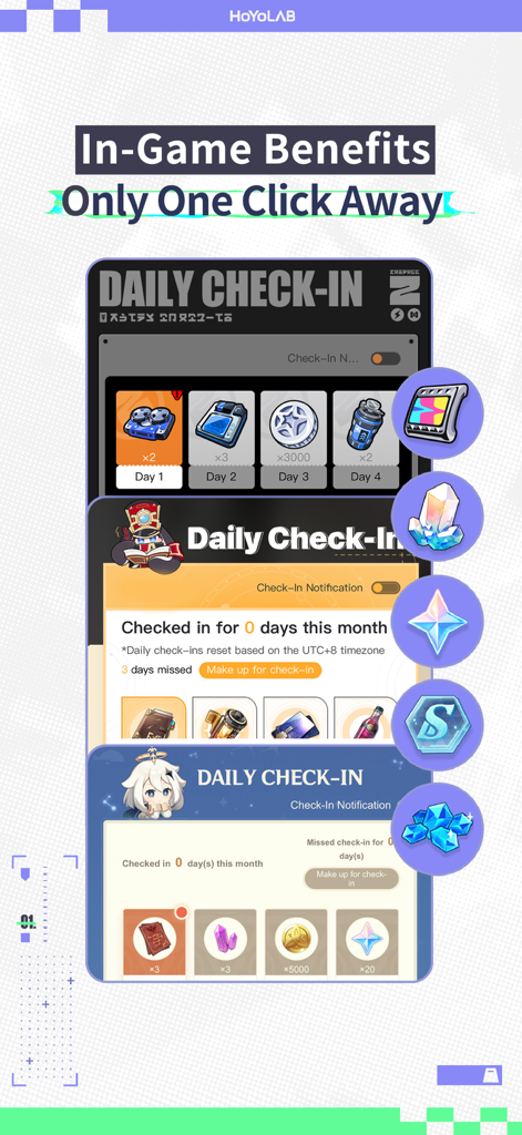 HoYoLAB - HoYoLAB app interface showing daily check-in screens for Genshin Impact, Honkai Star Rail, and Zenless Zone Zero with associated in-game rewards