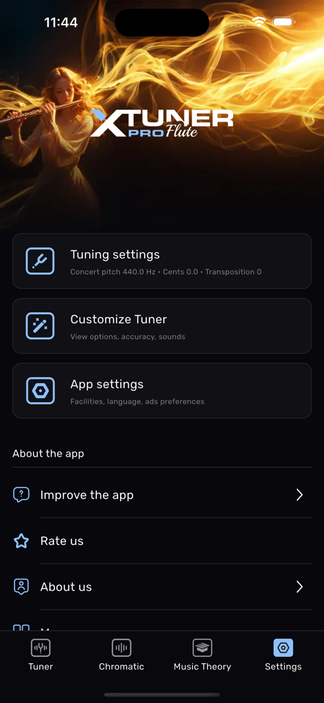 Flute Tuner – XTuner PRO - Settings screen of the Flute Tuner XTuner PRO app showing options for tuning concert pitch and app preferences.
