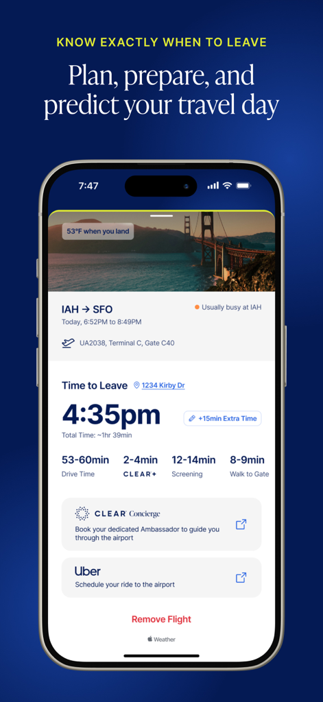 CLEAR app Home-to-Gate interface showing personalized travel timing and flight departure planning