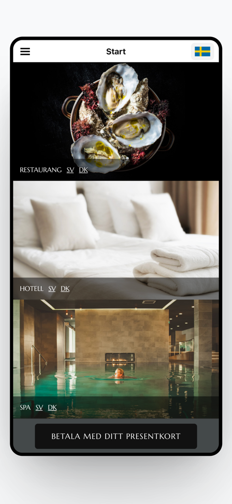RestaurangGuiden's Gift Card - RestaurangGuiden app home screen showing restaurant hotel and spa categories in Sweden and Denmark