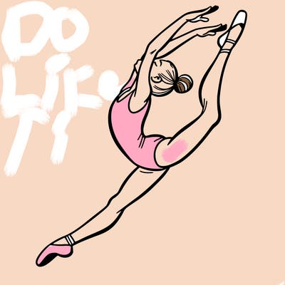 gymnast doing a leap in a leotard with a bent back leg