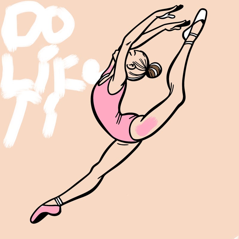 gymnast doing a leap in a leotard with a bent back leg
