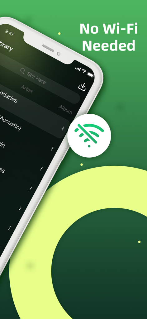 Offline Music Player MP3 Stube - Smartphone screen showing the Offline Music Player MP3 Stube interface with No Wi-Fi Needed text