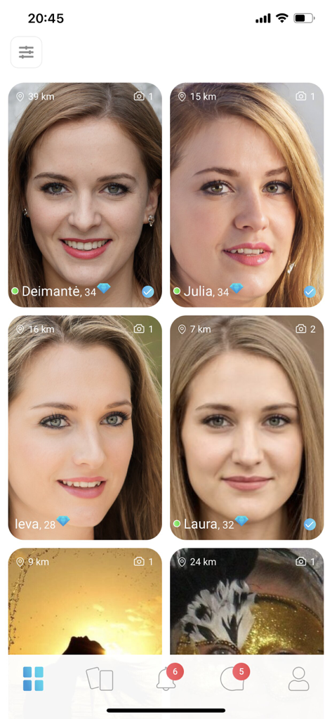 DreamDating - DreamDatingアプリの発見画面。名前、年齢、距離が表示された女性ユーザープロフィールのグリッドが表示されています。