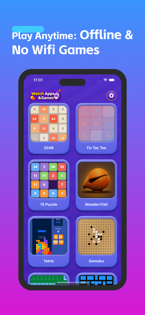 A smartphone screen showing a collection of offline mini games including 2048 Tic Tac Toe and Tetris