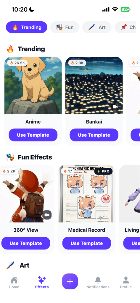 Komiko: AI Anime Generator - Screenshot of the Komiko app showing trending anime art templates and fun character effects