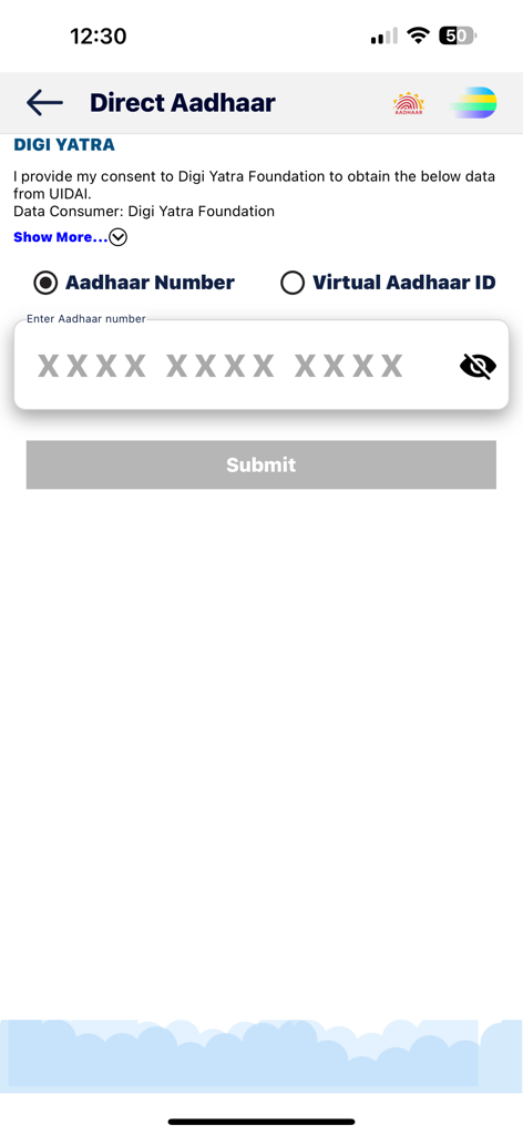 Digi Yatra - Digi Yatra interface for entering Aadhaar number to verify identity
