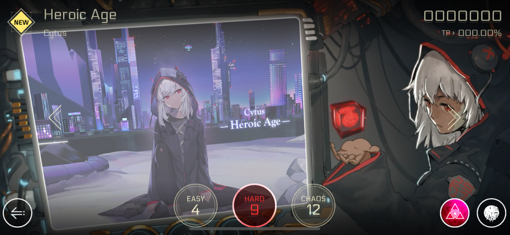 Cytus II song selection screen for Heroic Age featuring cyberpunk anime art and difficulty levels.
