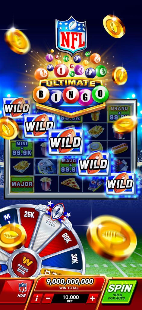 NFL Super Bowl Slots Casino - NFL Super Bowl Slots game interface showing Ultimate Bingo and a rewards prize wheel