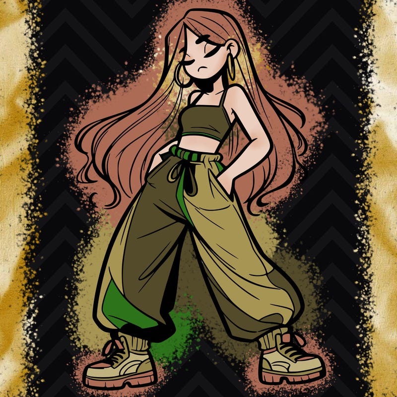 girl in baggy pants crop top and long hair