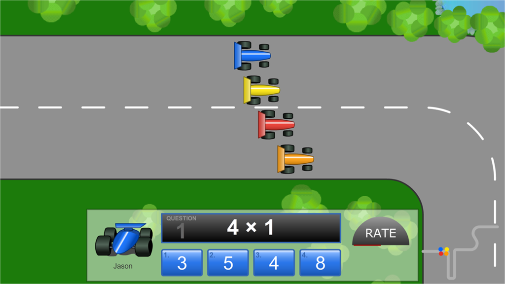 A multiplayer car racing game interface showing four cars on a track and a multiplication problem with multiple choice answers
