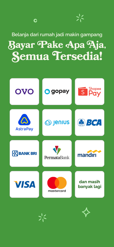Sayurbox - Grocery Jadi Mudah - A grid of various payment method logos including digital wallets and credit cards on a green background for the Sayurbox app