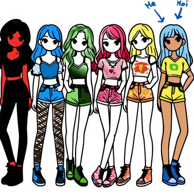 a group of girls wearing crop tops and shorts